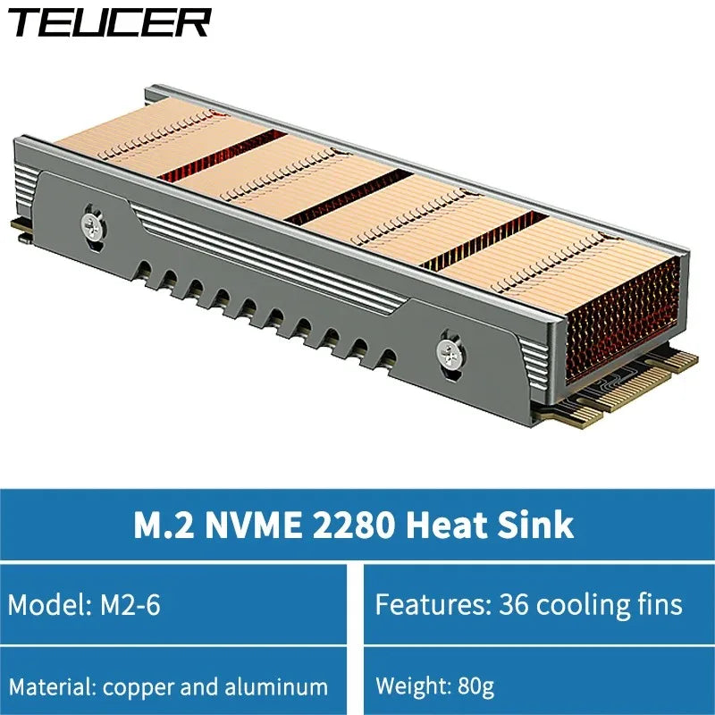 TEUCER M.2 NVME SSD High Performance Heatsink, Copper Fins with Aluminum Frame Passive Heat Sinks with Thermal Pad