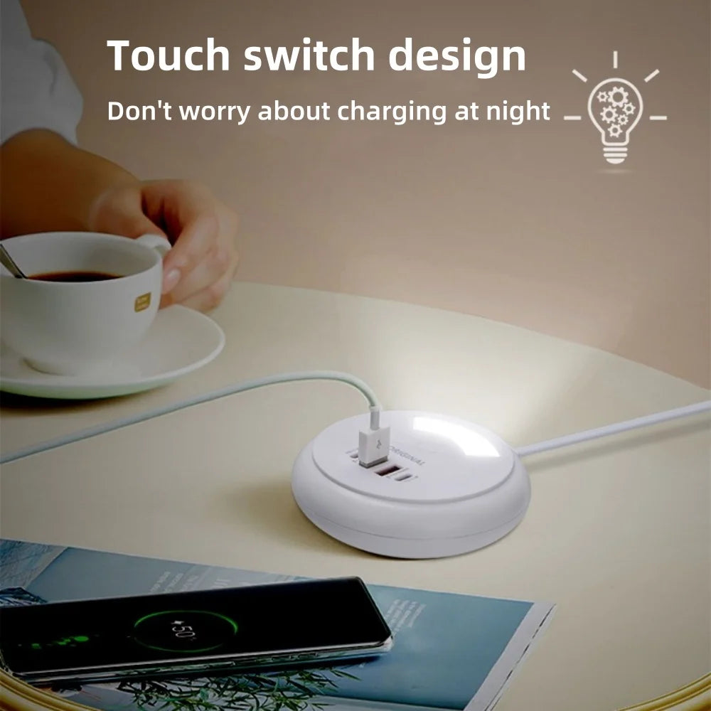 USB C Plug-in Charger Total 50W Multi-Port with Creative Round Touch LED Night Light Intelligent Fast Charging Type-C PD Charger