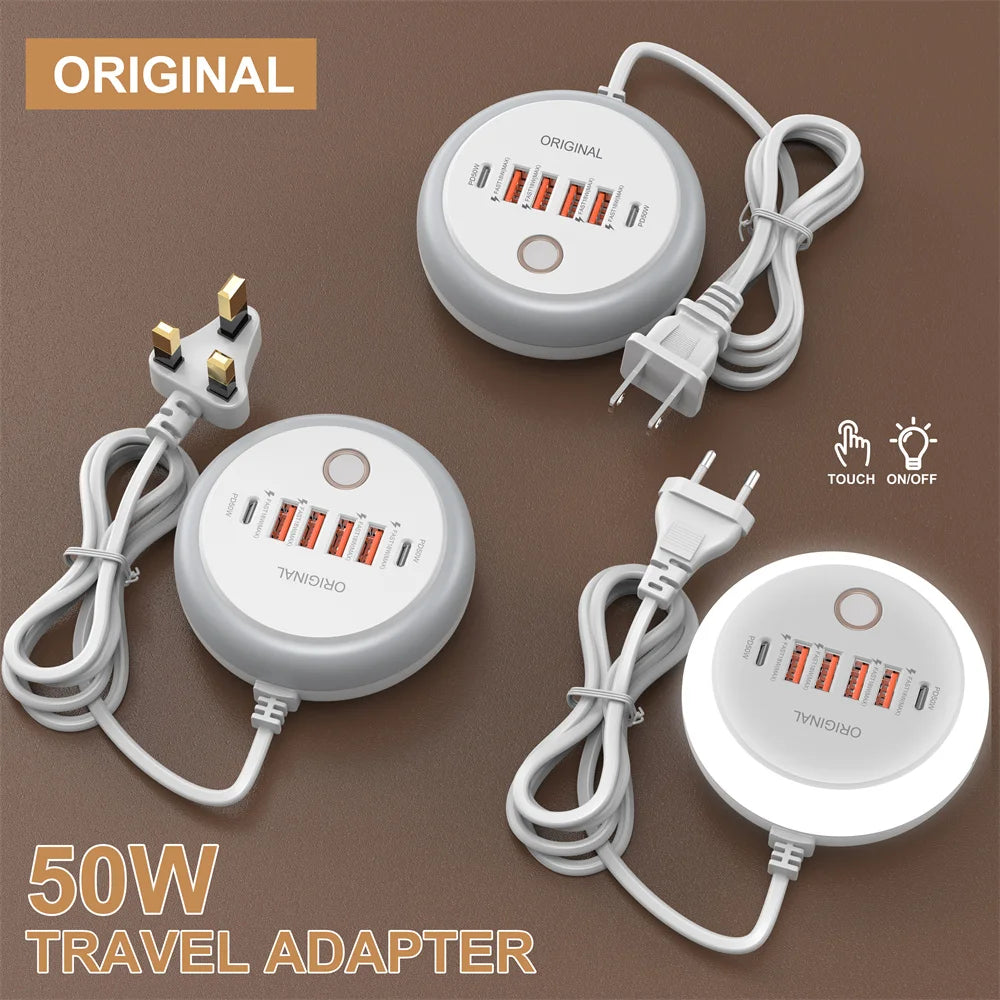 USB C Plug-in Charger Total 50W Multi-Port with Creative Round Touch LED Night Light Intelligent Fast Charging Type-C PD Charger