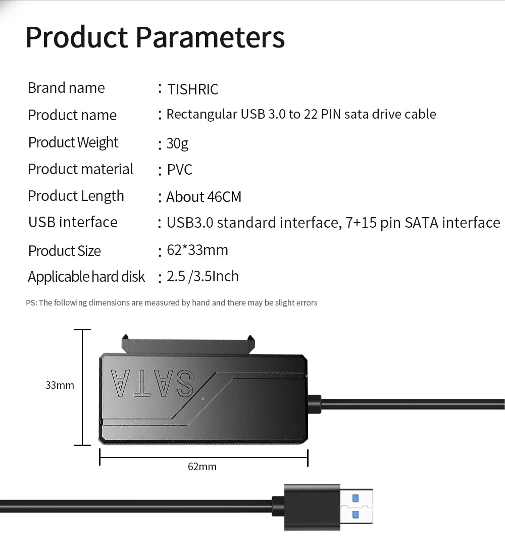 TISHRIC USB Sata Cable USB 3.0 To 22Pin Sata Adapter Support 3.5 2.5 Inch External HDD SSD Hard Drive External Hard Disk Reader