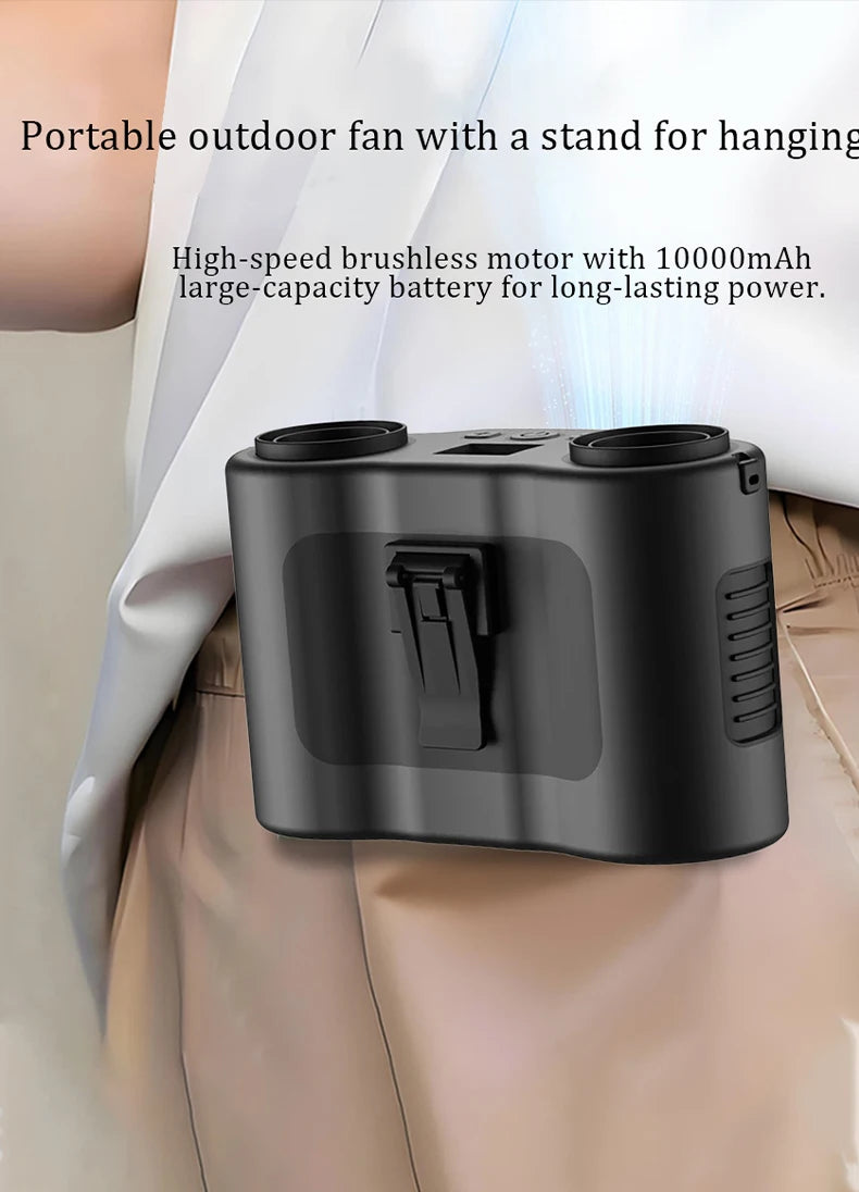 Portable Waist Clip Fan Wearable Mini USB Rechargeable Hanging Fan for Outdoor Working Double Air Outlet Waist Fan 20000Mah