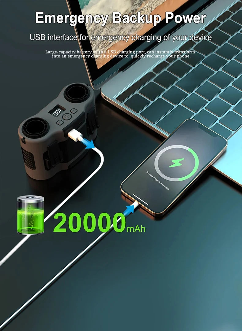 Portable Waist Clip Fan Wearable Mini USB Rechargeable Hanging Fan for Outdoor Working Double Air Outlet Waist Fan 20000Mah