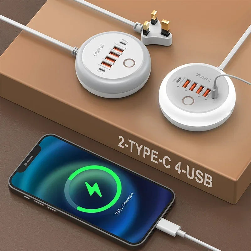 USB C Plug-in Charger Total 50W Multi-Port with Creative Round Touch LED Night Light Intelligent Fast Charging Type-C PD Charger