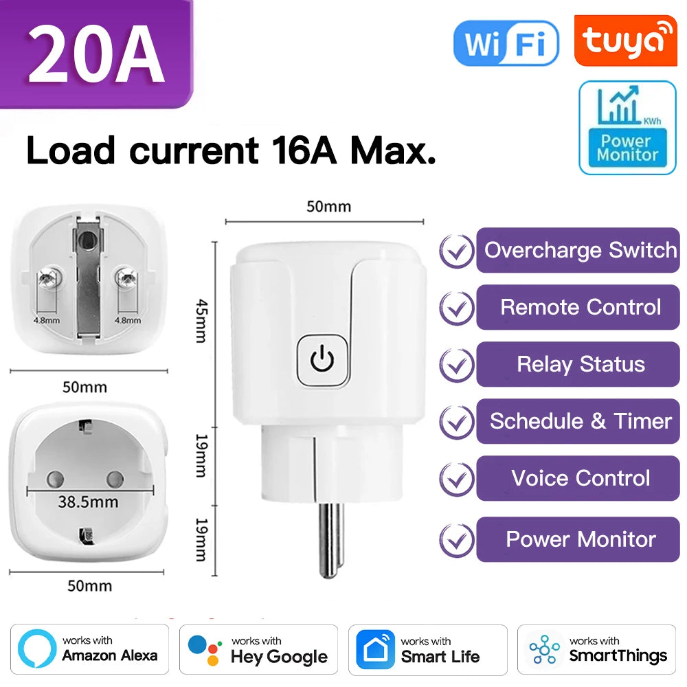 TNCE Tuya Wifi/Zigbee3.0 Smart Socket EU Plug 16/20A Power Monitor Remote Control Smart Life APP Remote Control Alexa