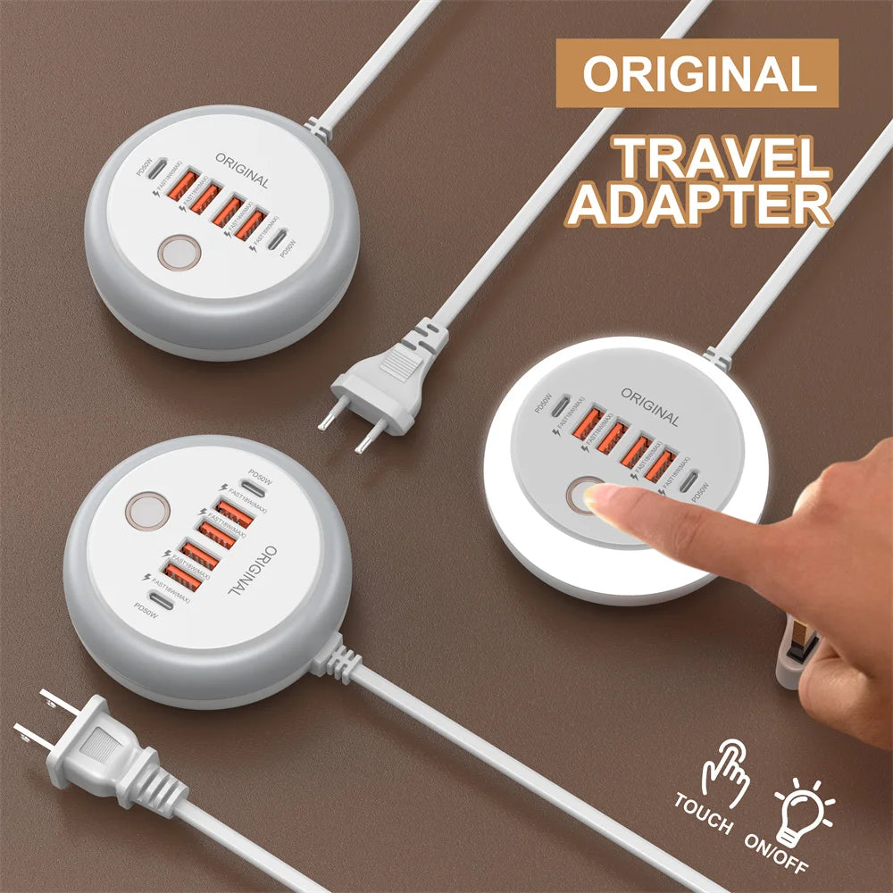 USB C Plug-in Charger Total 50W Multi-Port with Creative Round Touch LED Night Light Intelligent Fast Charging Type-C PD Charger