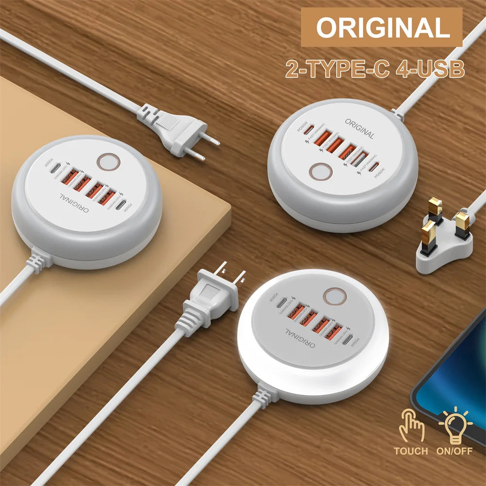 USB C Plug-in Charger Total 50W Multi-Port with Creative Round Touch LED Night Light Intelligent Fast Charging Type-C PD Charger