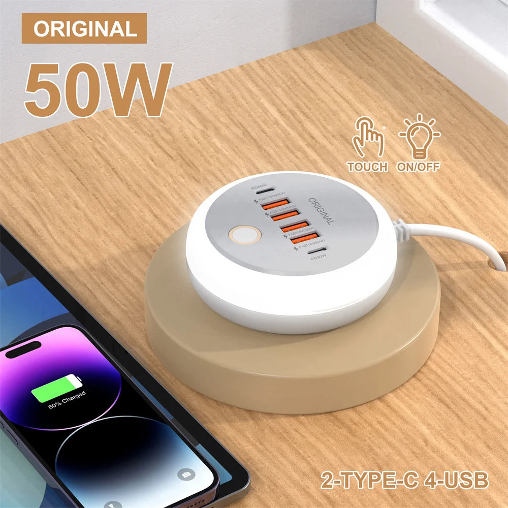 USB C Plug-in Charger Total 50W Multi-Port with Creative Round Touch LED Night Light Intelligent Fast Charging Type-C PD Charger