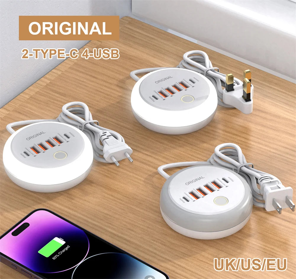 USB C Plug-in Charger Total 50W Multi-Port with Creative Round Touch LED Night Light Intelligent Fast Charging Type-C PD Charger