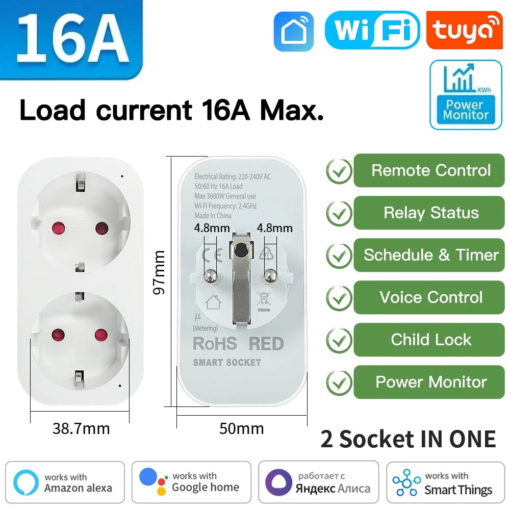 TNCE Tuya Wifi/Zigbee3.0 Smart Socket EU Plug 16/20A Power Monitor Remote Control Smart Life APP Remote Control Alexa