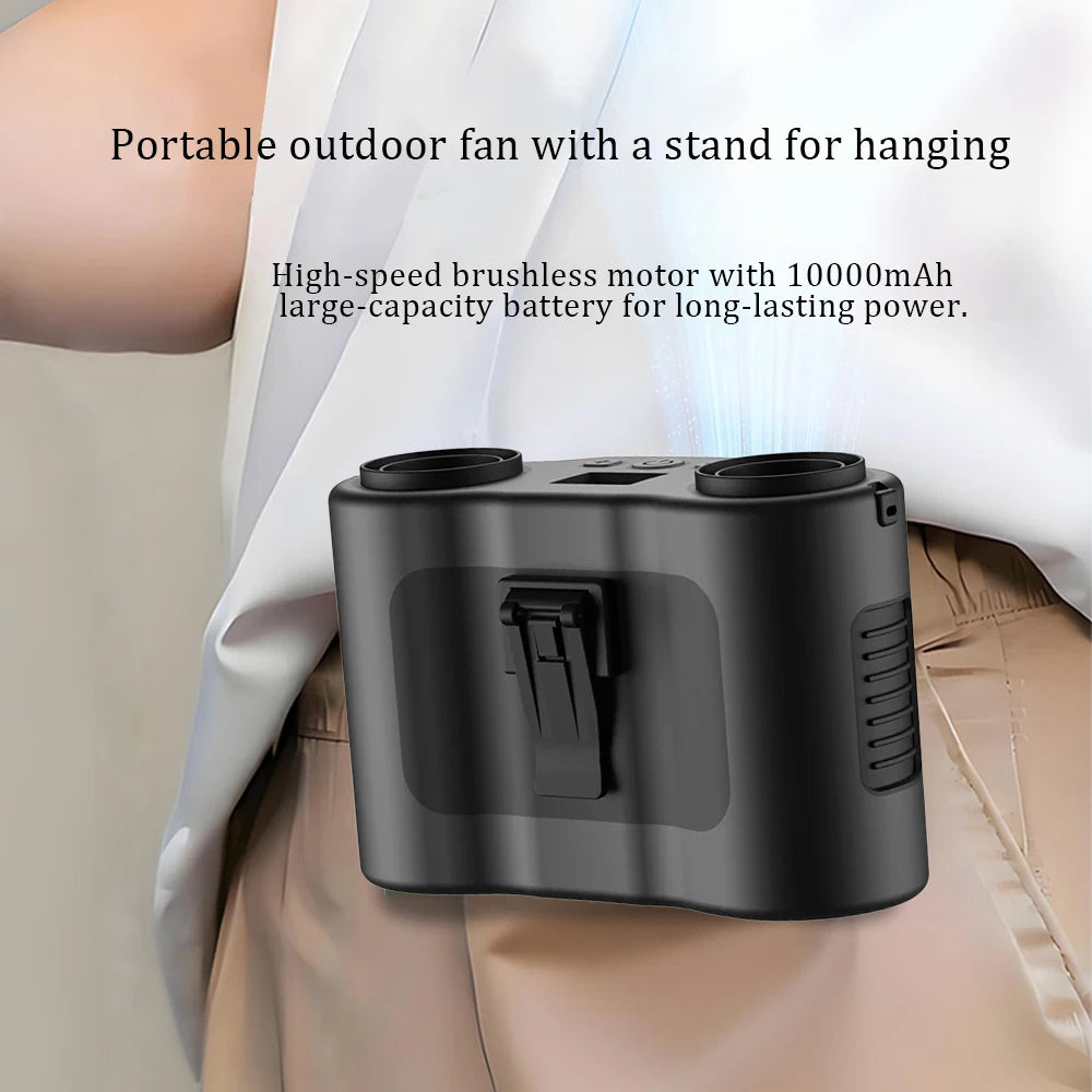Portable Waist Clip Fan Wearable Mini USB Rechargeable Hanging Fan for Outdoor Working Double Air Outlet Waist Fan 20000Mah