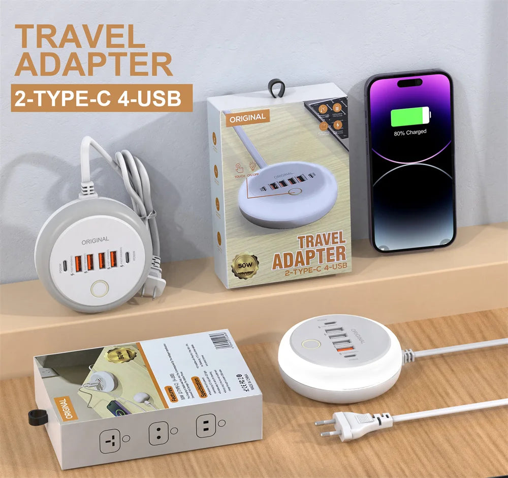 USB C Plug-in Charger Total 50W Multi-Port with Creative Round Touch LED Night Light Intelligent Fast Charging Type-C PD Charger