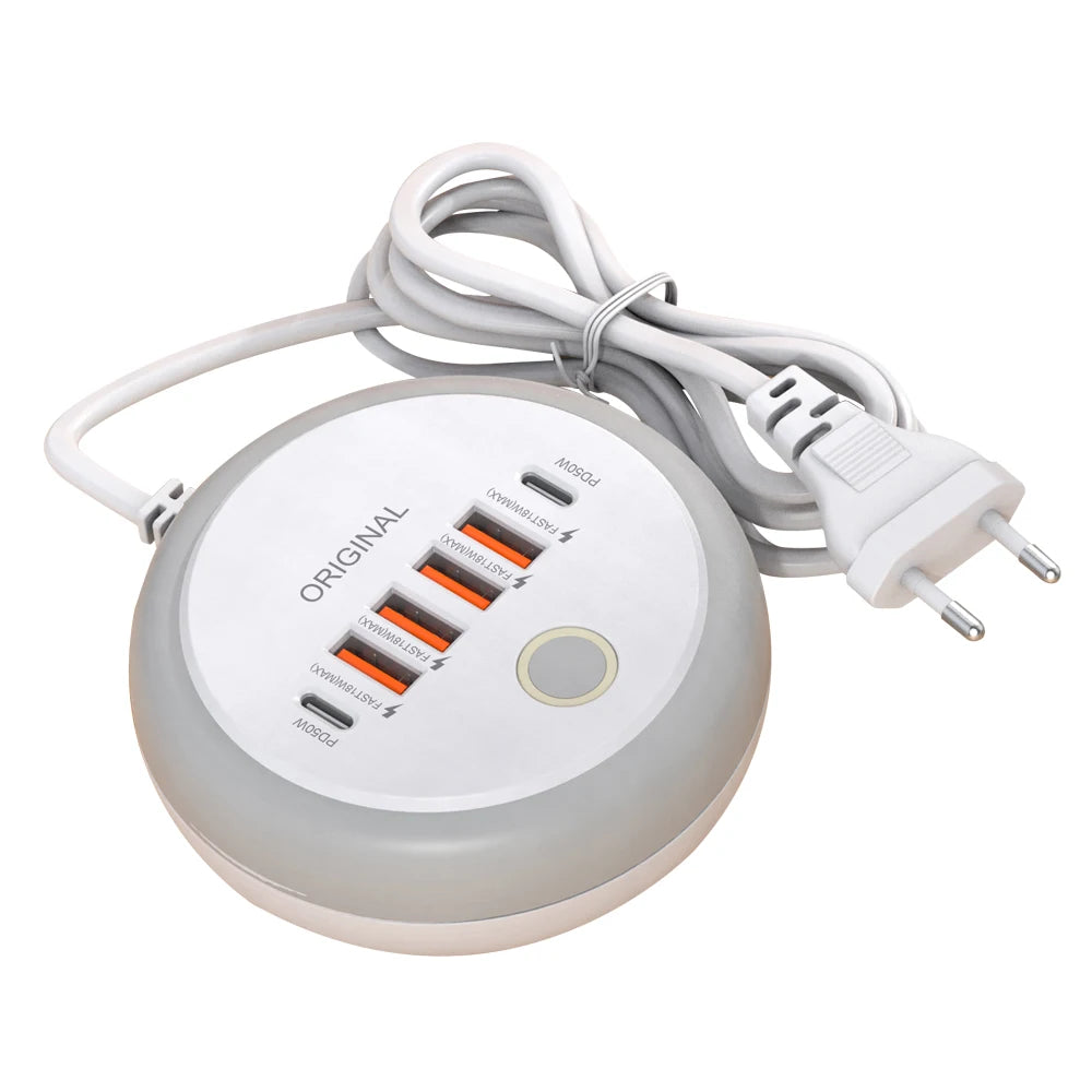 USB C Plug-in Charger Total 50W Multi-Port with Creative Round Touch LED Night Light Intelligent Fast Charging Type-C PD Charger